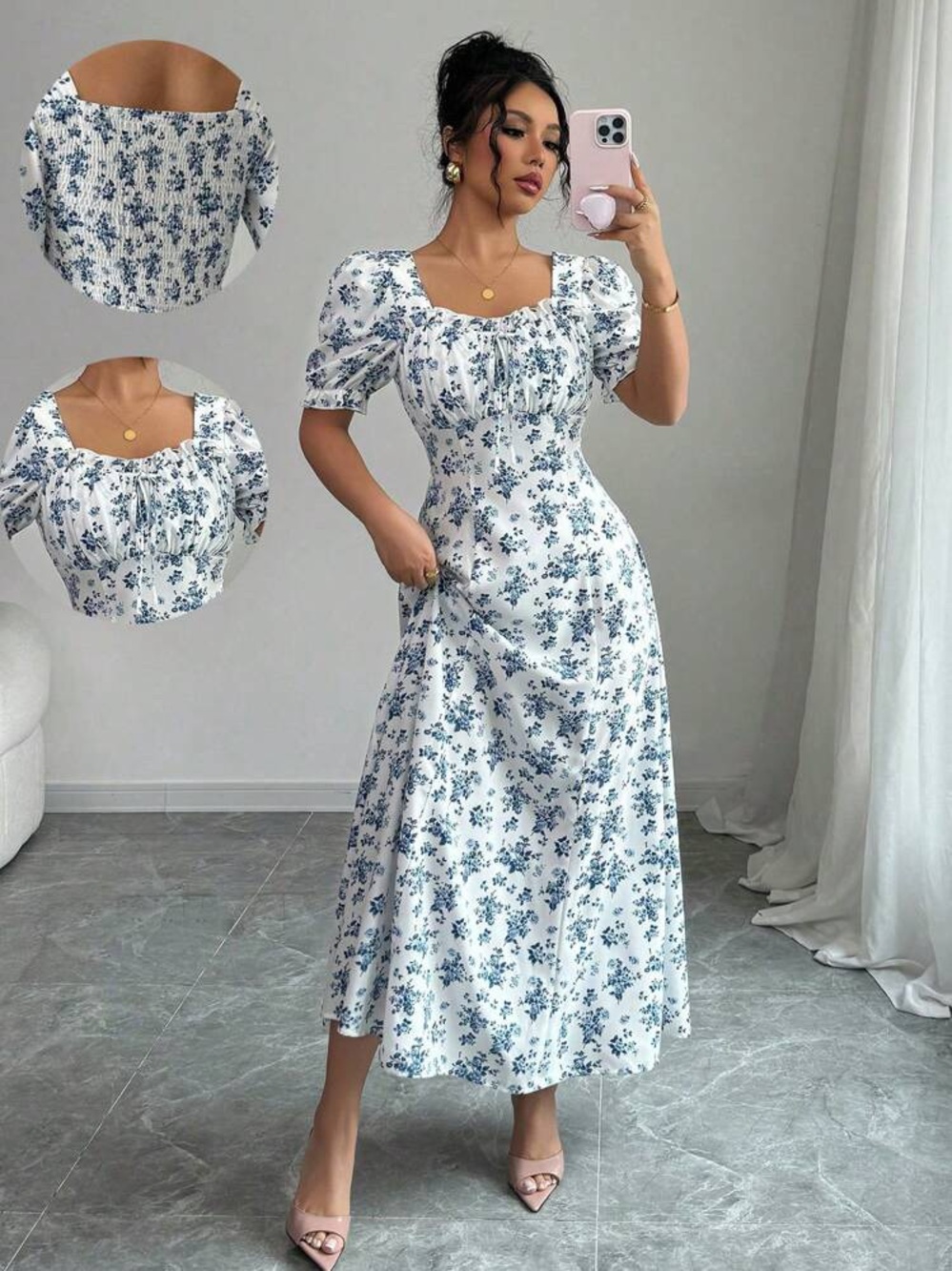 SHEIN White Midi Dress with Blue Floral Print
